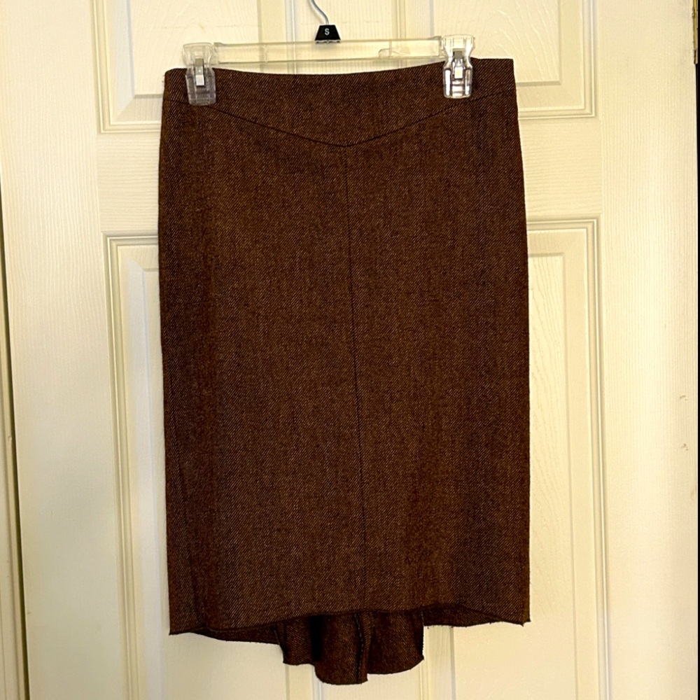 BCBG MAXAZRIA Brown and Cream Tweed Wool Women's Peplum Pencil Skirt